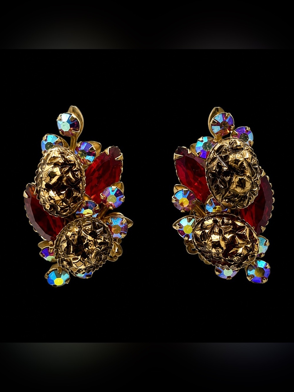 BEAUJEWELS vintage aurora borealis rhinestone cluster clip earrings.